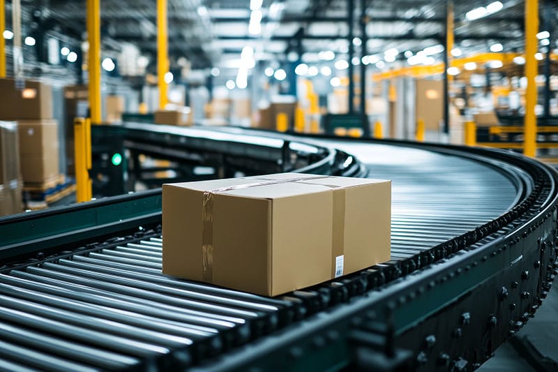 an e-commerce order box on a conveyor belt