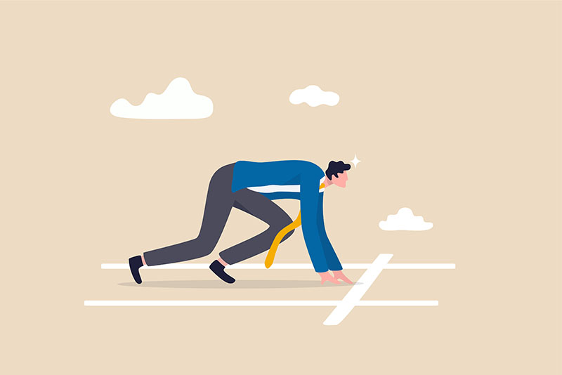 Illustration. Person at a race starting line, representing the start of their working journey