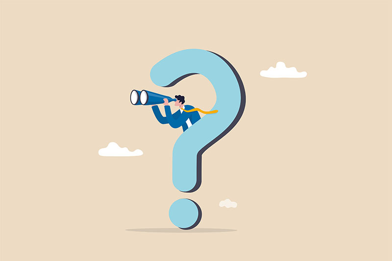 Illustration. Person in large question mark with binoculars representing the search for b2b employment opportunities