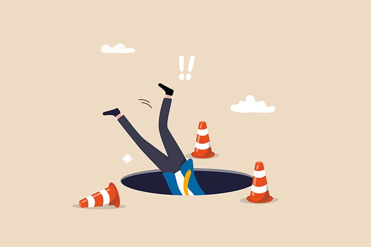 Illustration of a person falling into a manhole representing the pitfalls that businesses make when creating content for potential customers.