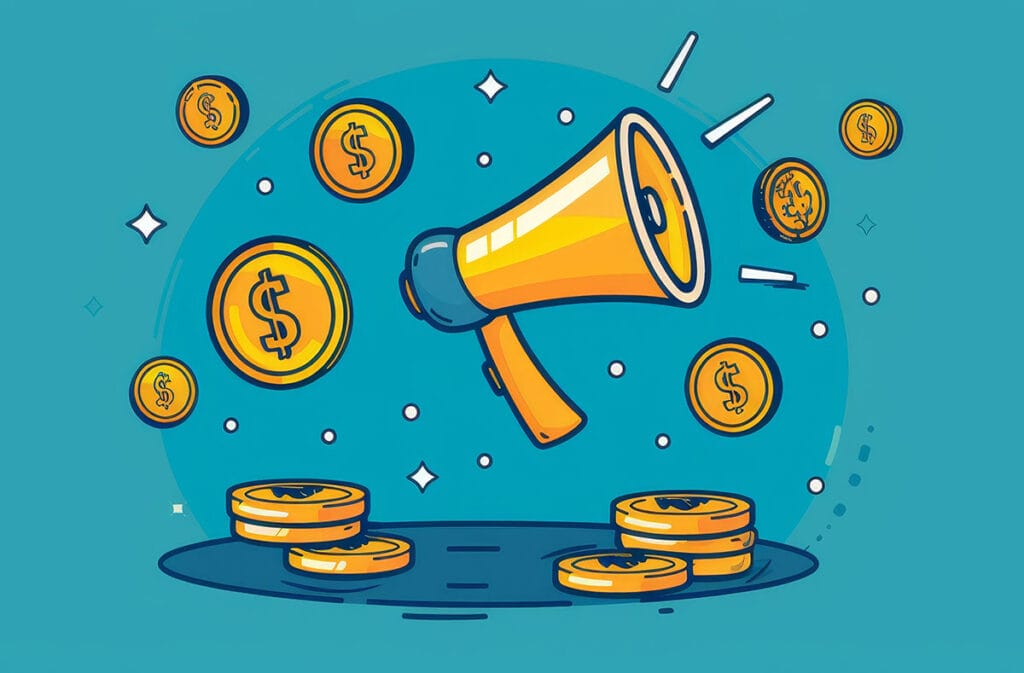 Illustration of bullhorn with $ symbols all around, representing ROI of PPC and paid ads campaigns.